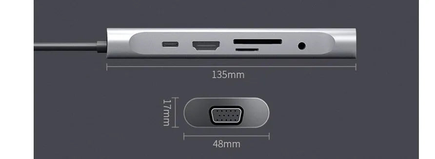 Grey USB C docking station with HDMI, VGA, and USB 3.0 ports for laptop connectivity