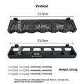 Black ABS plastic wall-mounted fishing rod holder showing horizontal and upright vertical mounting options