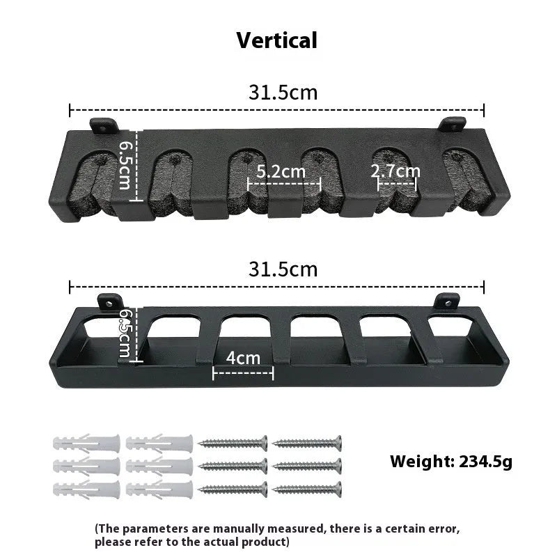 Black ABS plastic wall-mounted fishing rod holder showing horizontal and upright vertical mounting options