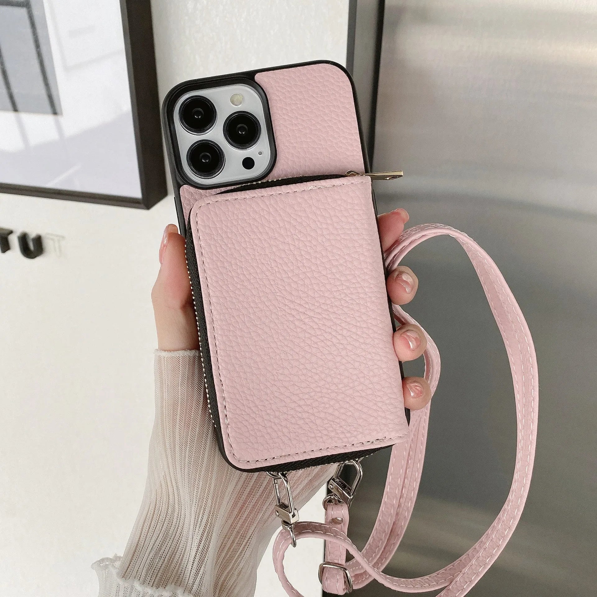 Litchi textured protective phone case for iPhone models, shown in multiple colour options.