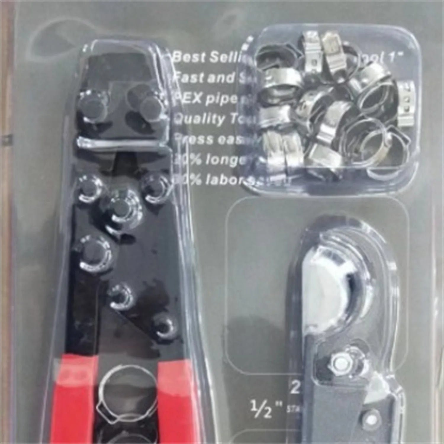Red metal PEX clamp set with carbon steel cutting edge for plumbing connections