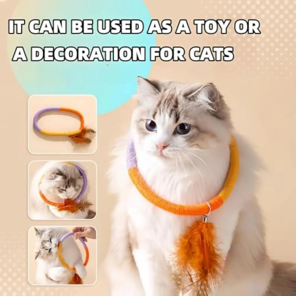 Green circular cotton rope cat toy with feathers and catnip for indoor cats