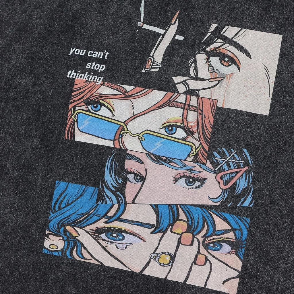 Men's loose fit black t-shirt with cartoon digital printing and short sleeves