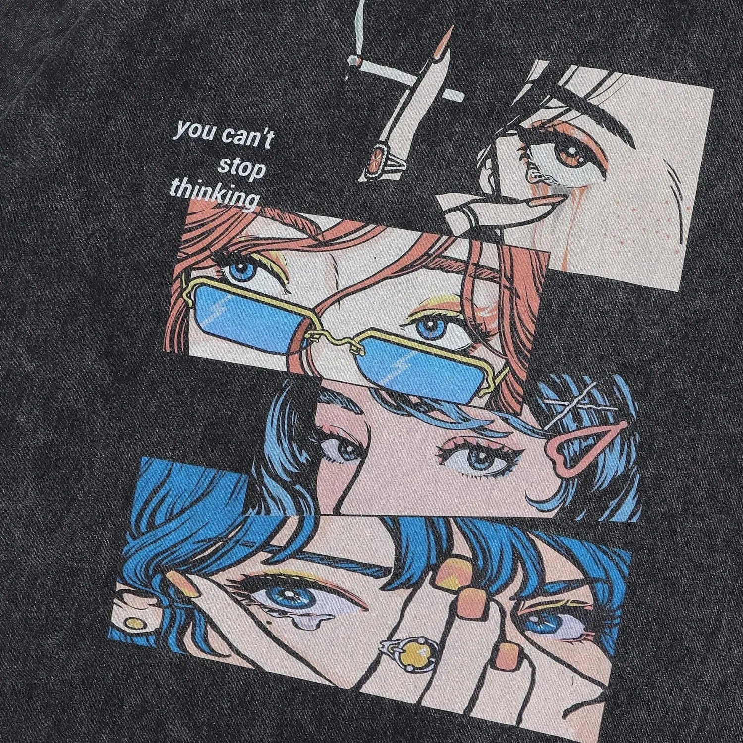 Men's loose fit black t-shirt with cartoon digital printing and short sleeves