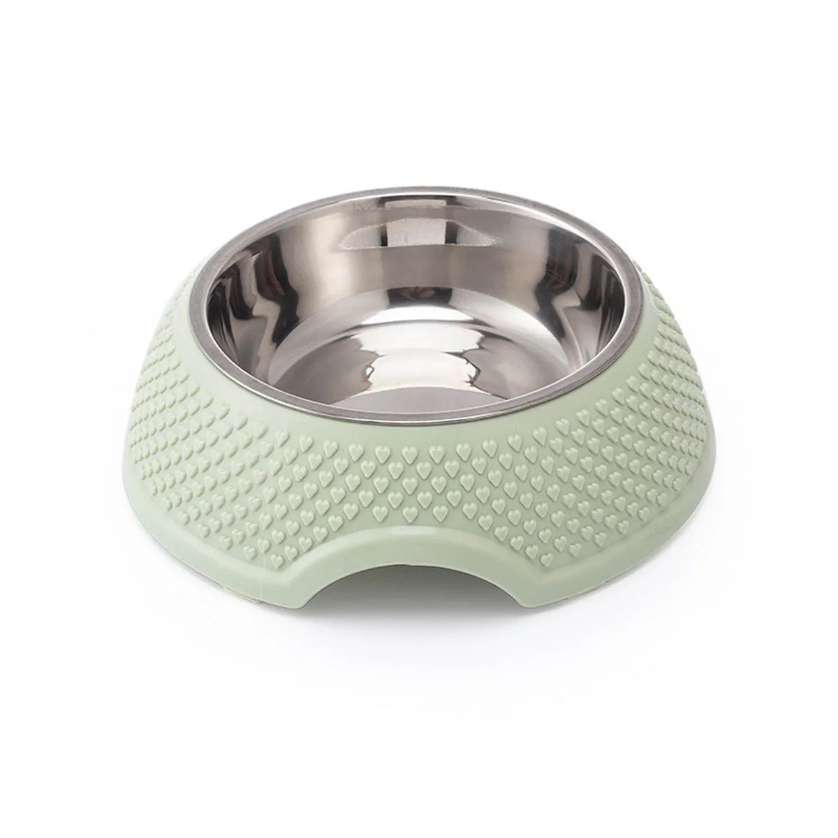 Blue stainless steel pet feeder with four bowls and a non-slip rubber base on a wooden floor.