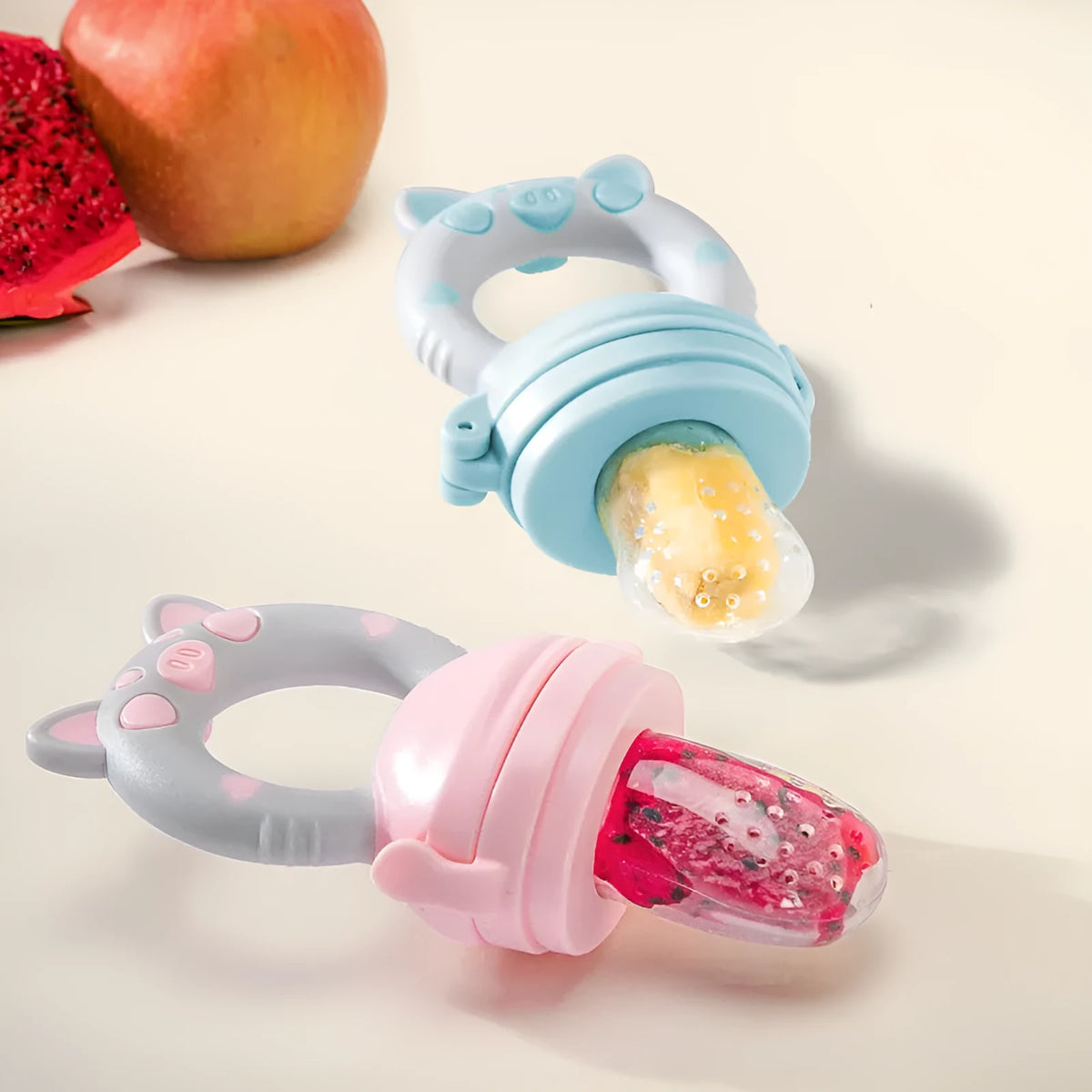 A BPA-free silicone baby teether in blue, showing a single mouthpiece design for infant chewing.
