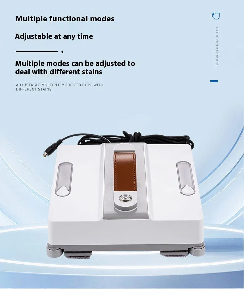White electric window cleaning robot with four water spray jets for automated high-rise window washing