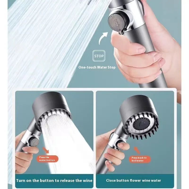 Portable modern simplicity ABS shower head with three gear adjustment for spray, massage, and rain functions.