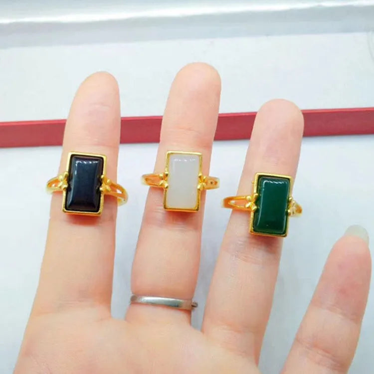 Adjustable brass gold-plated ring with gemstone inlay and national style design