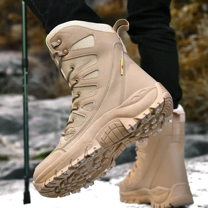 Cowhide leather hi-top hiking shoes for outdoor activities in beige colour