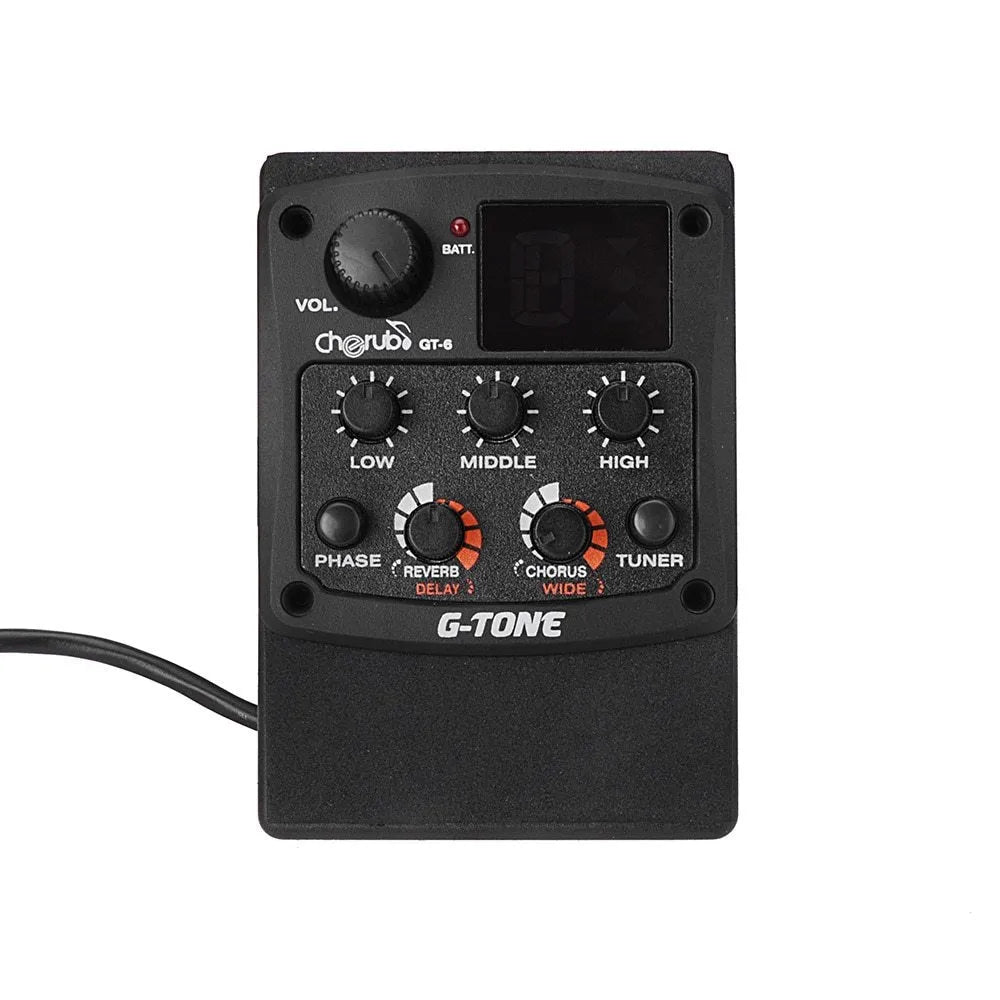 Cherub GT-6 black acoustic guitar pickup and preamp unit with knobs for EQ and effects control.