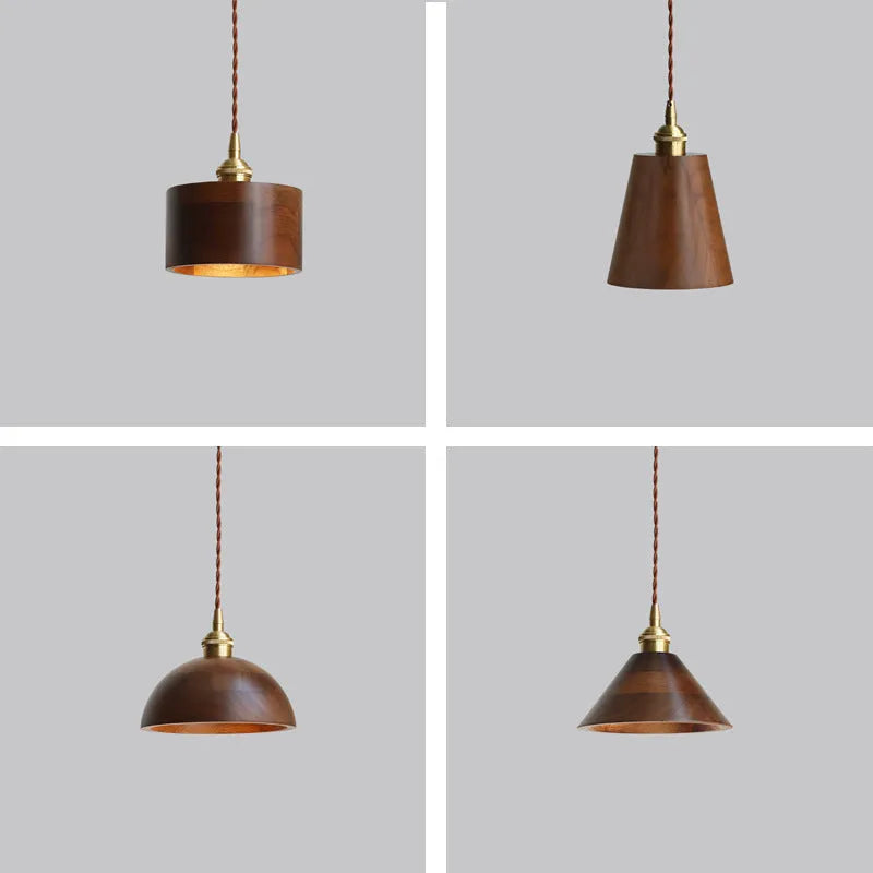 Black walnut wood single-head droplight chandelier with copper decorative accents.