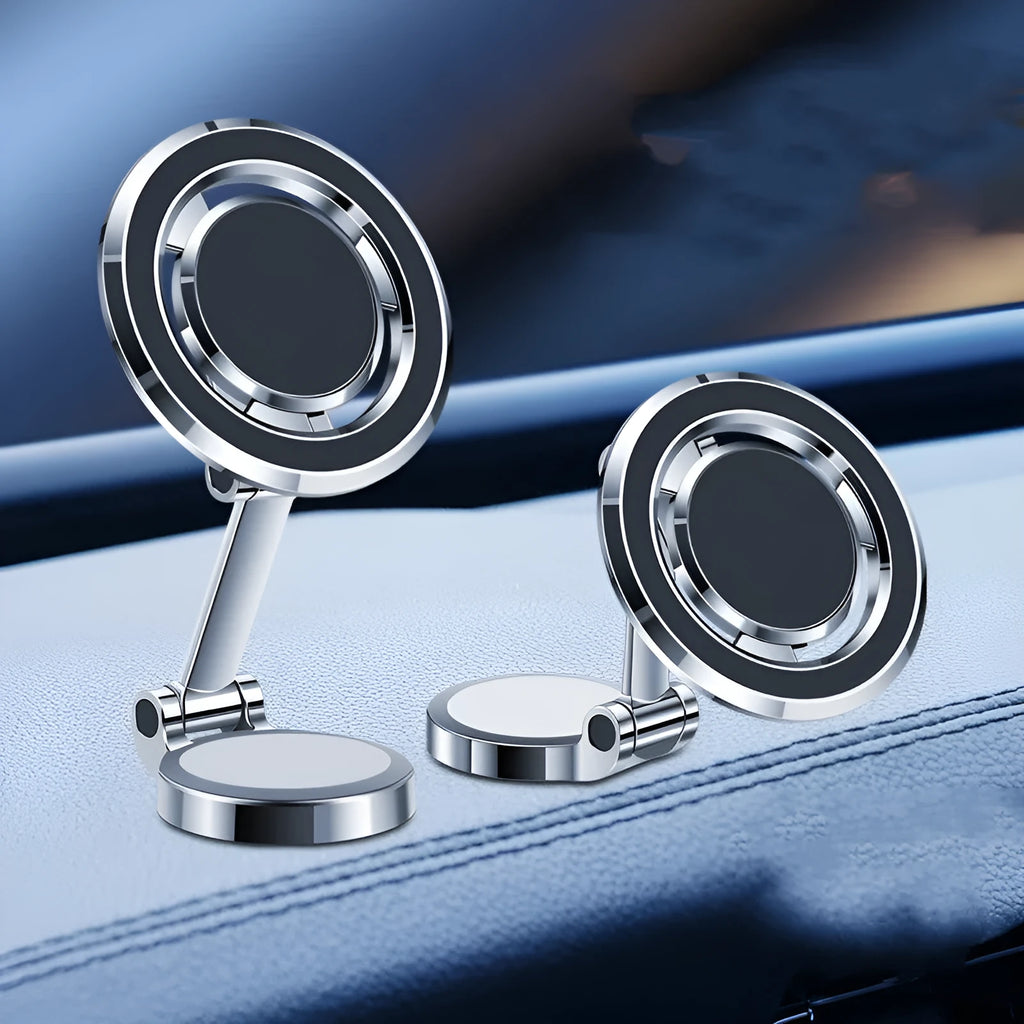 Car centre console mobile phone holder with magnetic clip and 360-degree rotation in black or silver