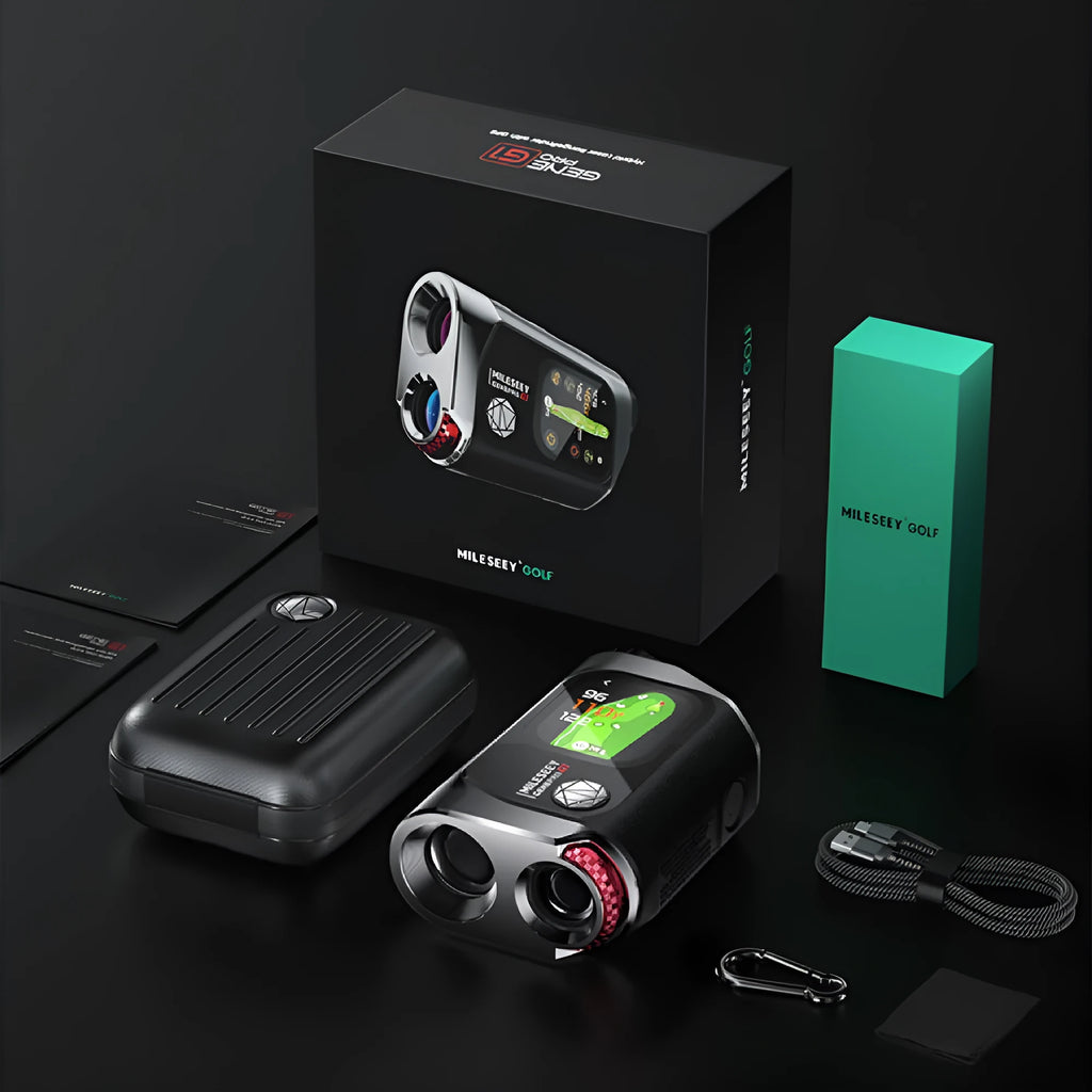 Black GenePro G1 golf laser rangefinder with AMOLED touch screen showing distance measurement.
