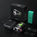 Black GenePro G1 golf laser rangefinder with AMOLED touch screen showing distance measurement.