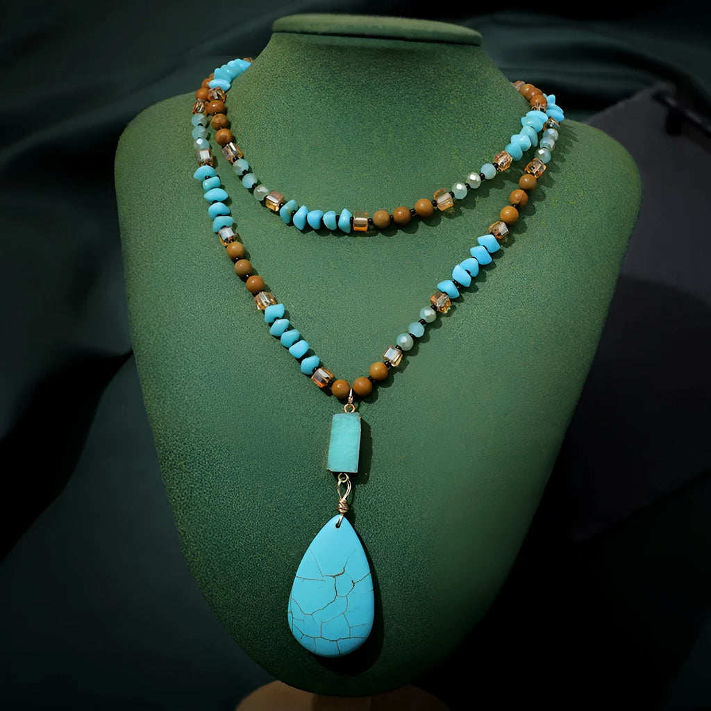 Women's turquoise imitation mineral pendant necklace with large water drop design on ball bead chain