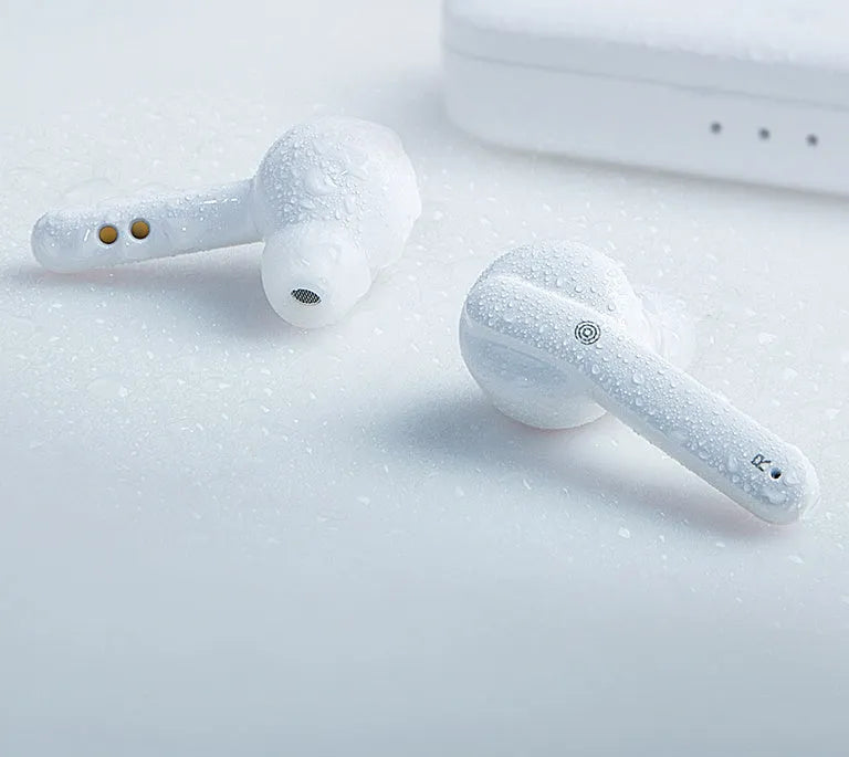 Black and white TWS wireless earbuds with Bluetooth 5.0 and IPX5 waterproof rating