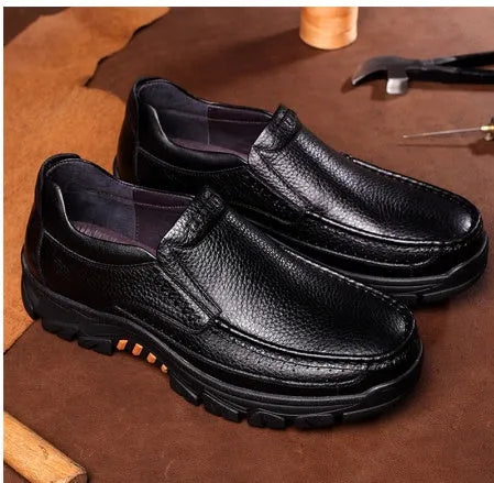 Men's black and brown business casual leather slip-on shoes with rubber sole