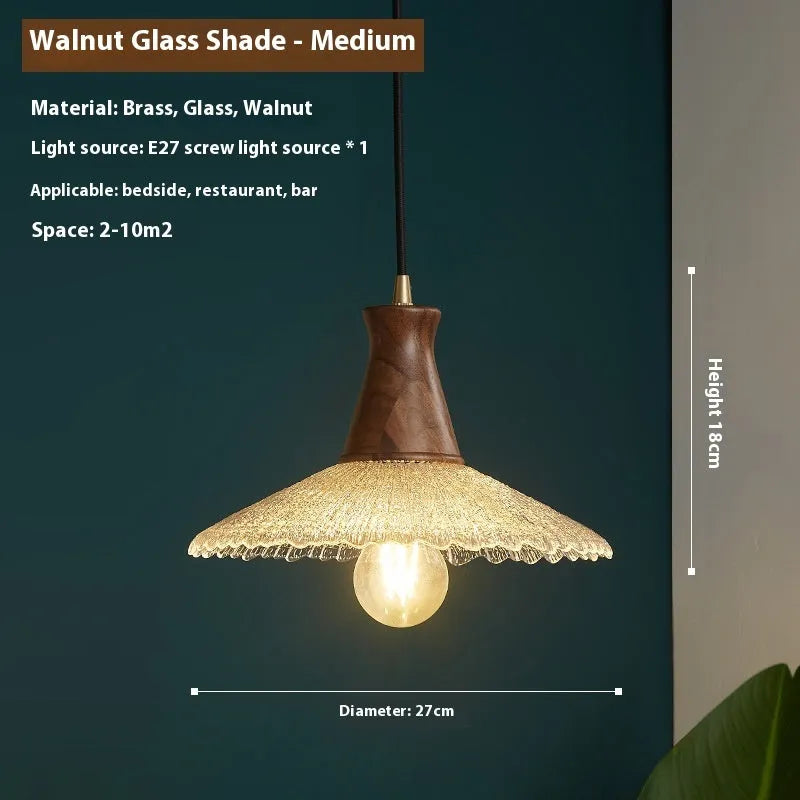 Woodcraft brass and glass ceiling chandelier for restaurant lighting in three available sizes.