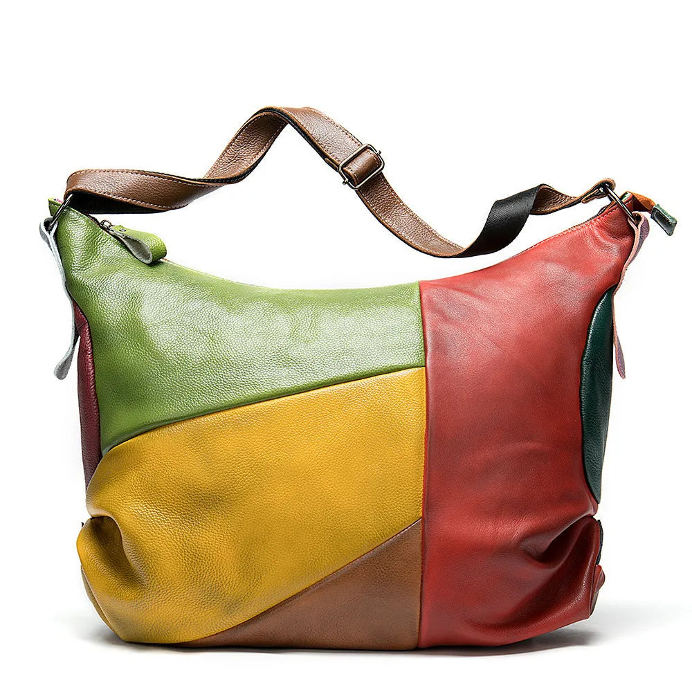 Cowhide leather travel bag with stitching rubbing construction showing 48cm dimensions