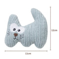 Cyan knitted plush cat toy with rope sections, containing catnip and a bell, shown on a white background.