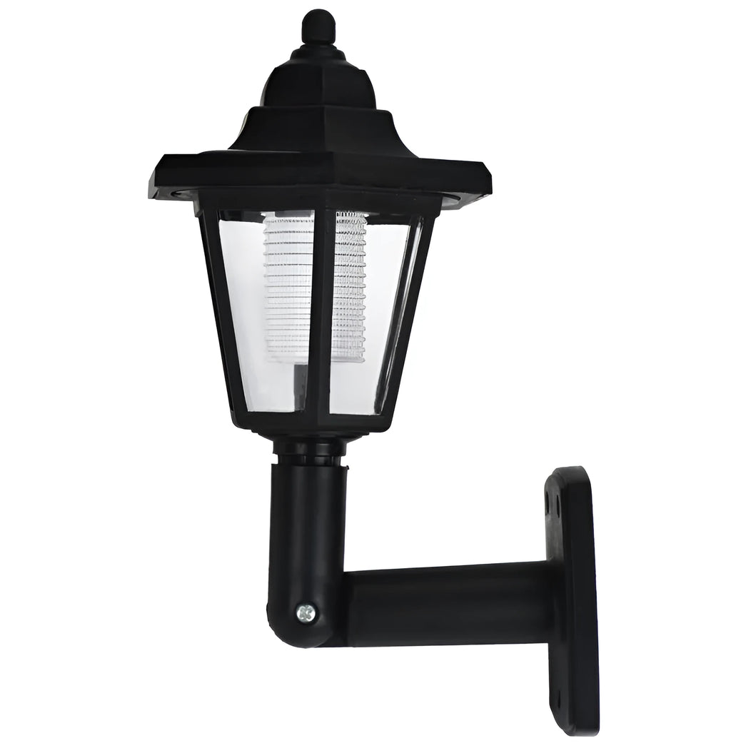 Black hexagonal solar-powered LED wall light for outdoor garden and security lighting