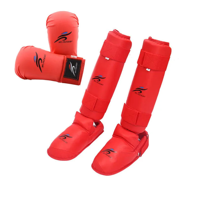 Red and blue martial arts protective gear set showing leg guards and a helmet on a white background.