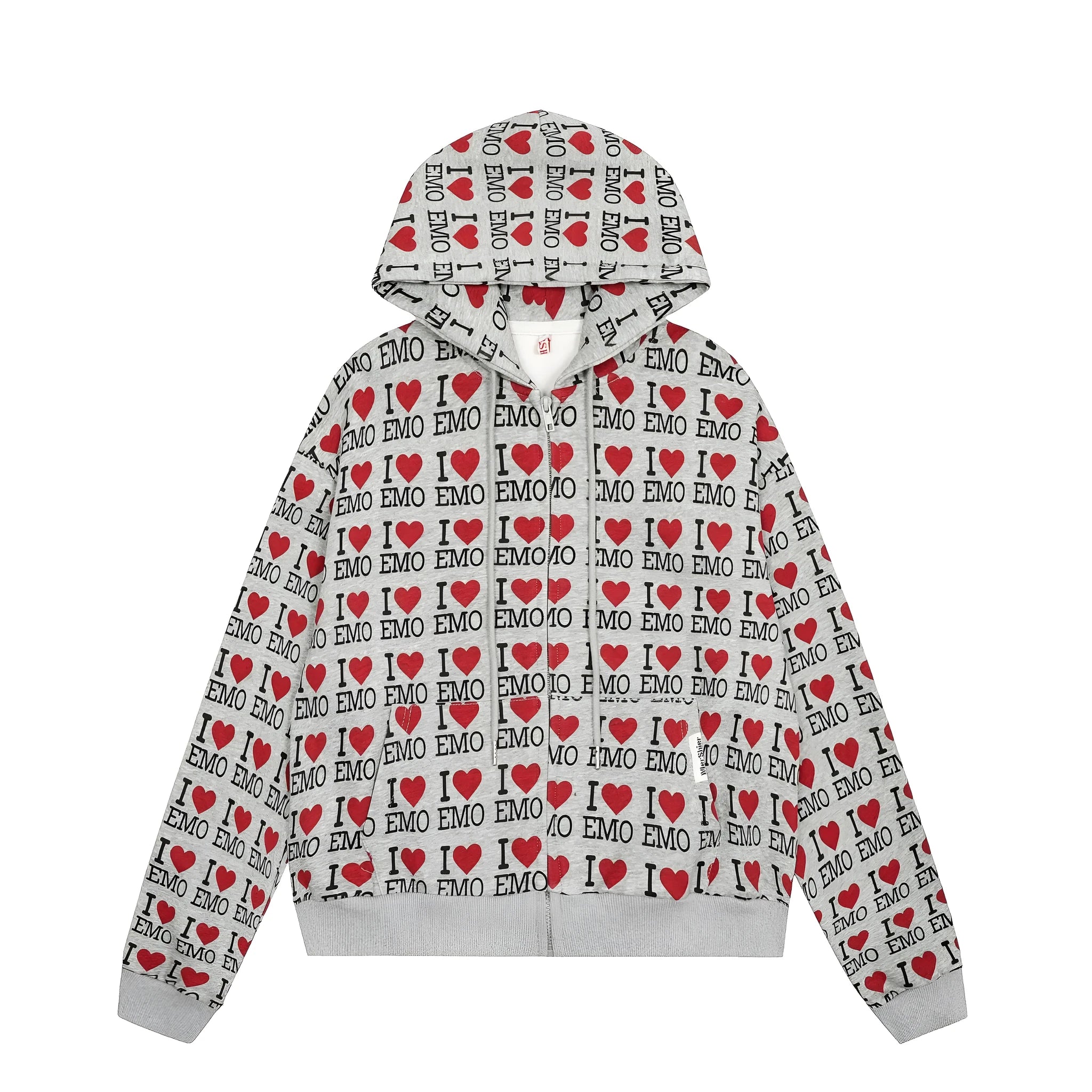 Women's mixed grey cotton hooded cardigan with retro pattern and long sleeves