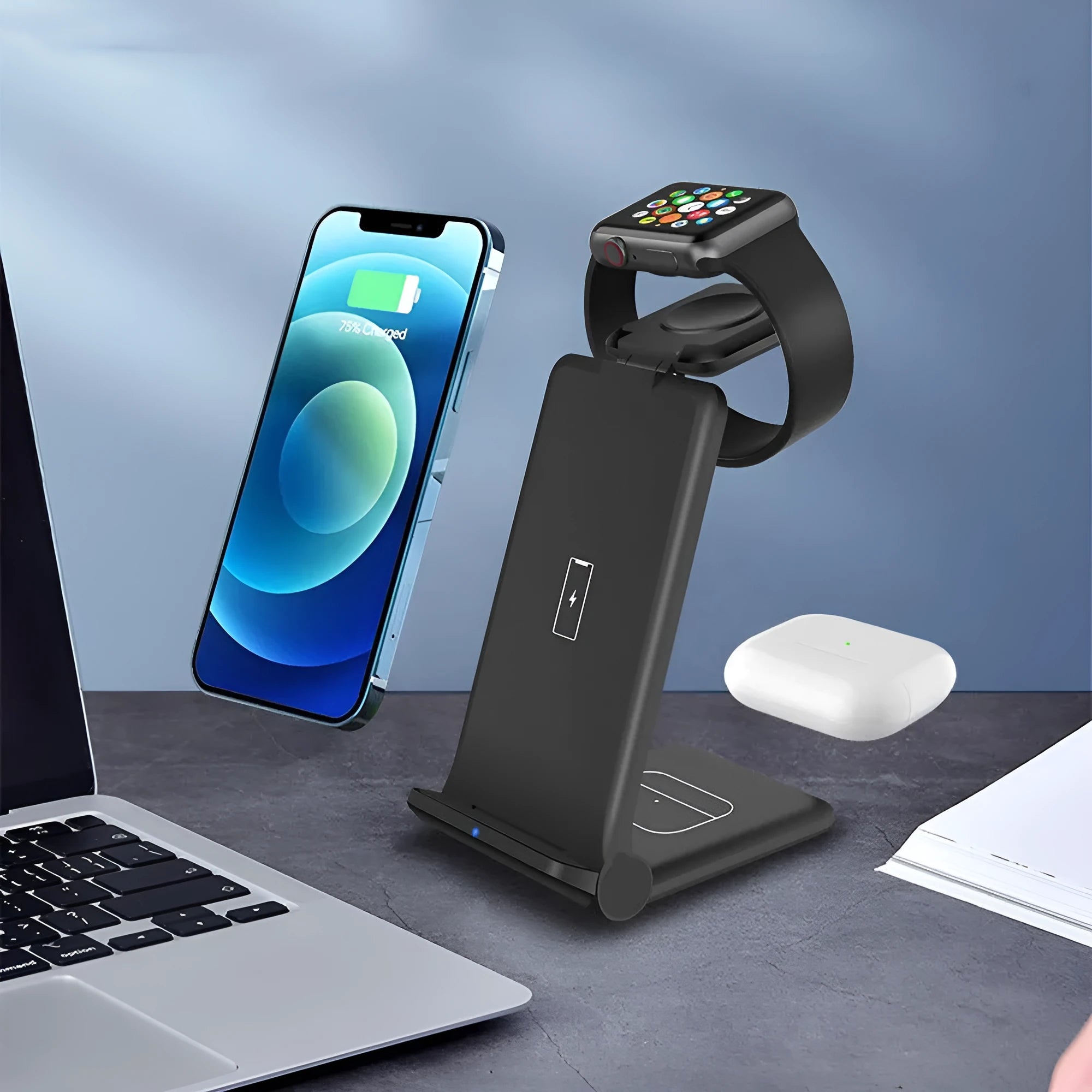 White foldable 3-in-1 wireless charging station for iPhone, Samsung phone, AirPods and Apple Watch.