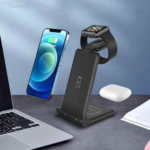 White foldable 3-in-1 wireless charging station for iPhone, Samsung phone, AirPods and Apple Watch.