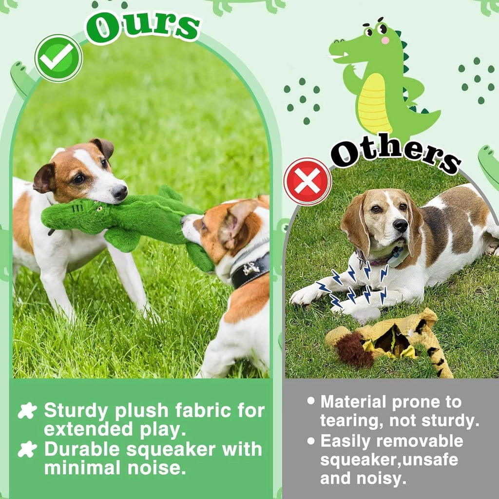 Green crocodile-shaped plush dog toy with no stuffing, featuring a squeaker and crinkle paper for interactive play.