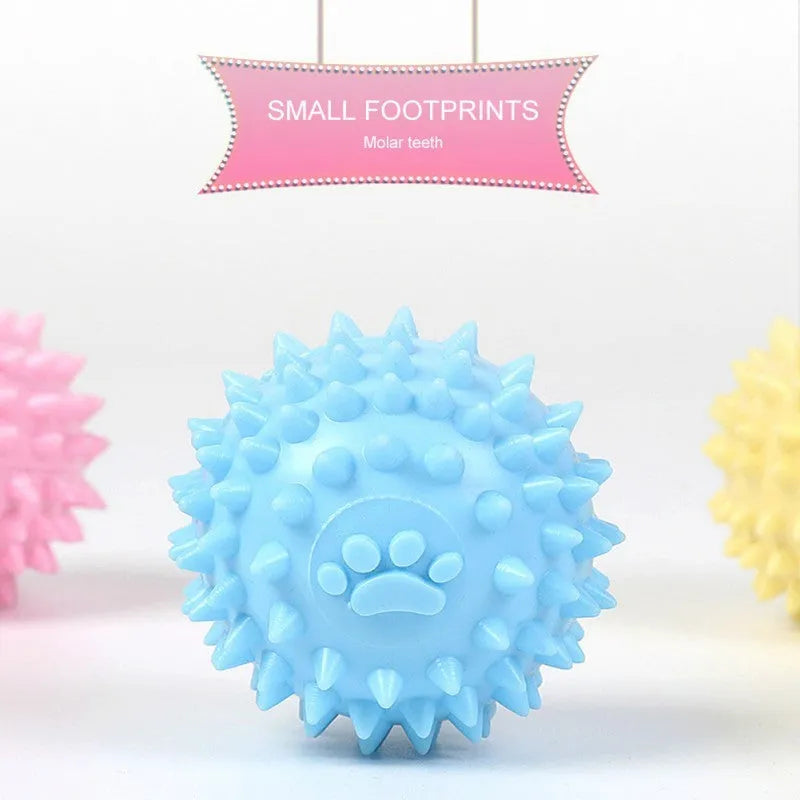 Blue TPR rubber dog chew ball with textured surface for tooth cleaning, 6cm diameter.