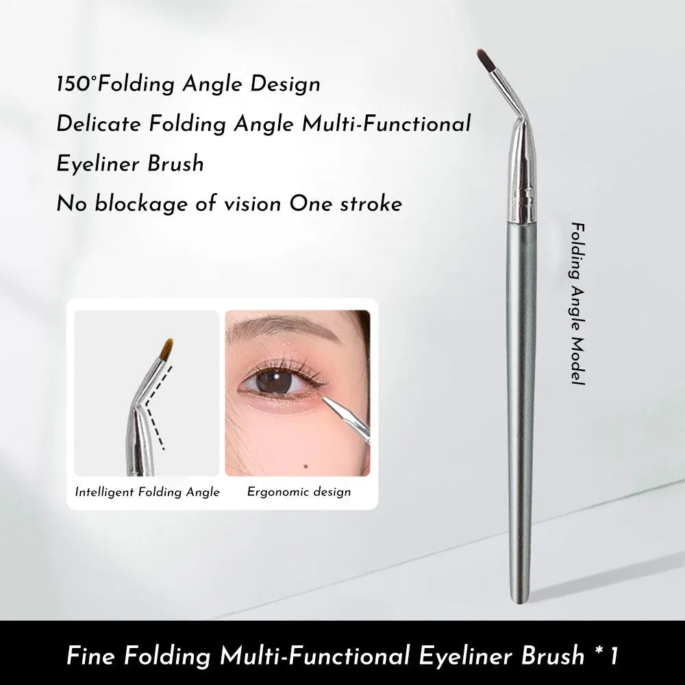 Angled bend head eyeliner brush for precise under eye and tear trough makeup application