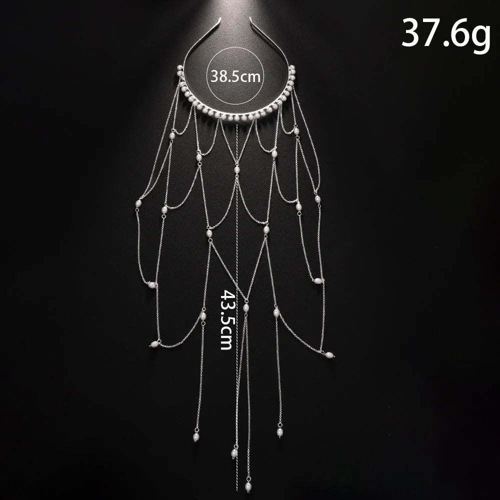 Gold or silver mesh tassel hair chain with pearl details for women