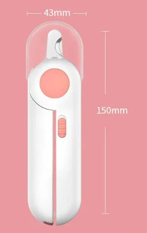 LED pet nail clipper in blue or pink, 150x43x20mm, plastic and stainless steel, for trimming pet nails