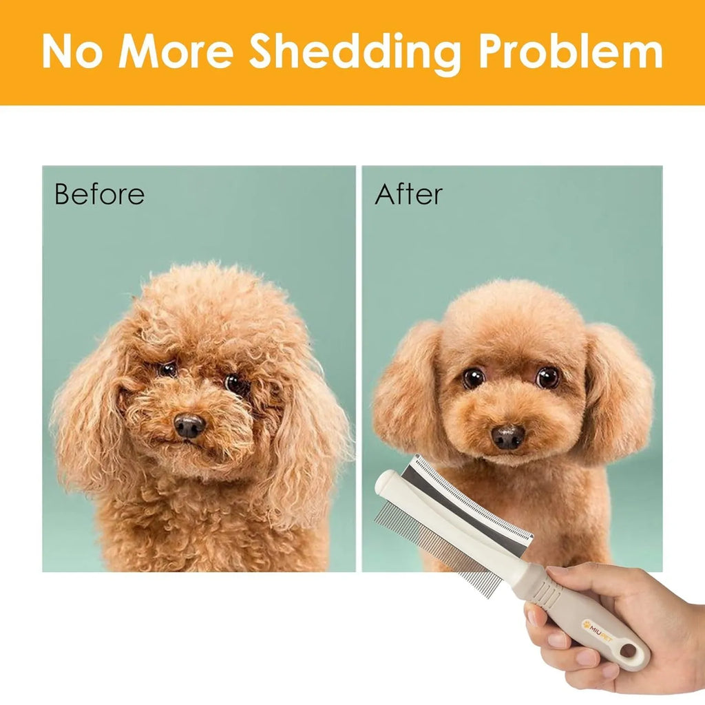 White double-sided dog and cat brush showing grooming comb and deshedding brush sides on a 230mm handle.