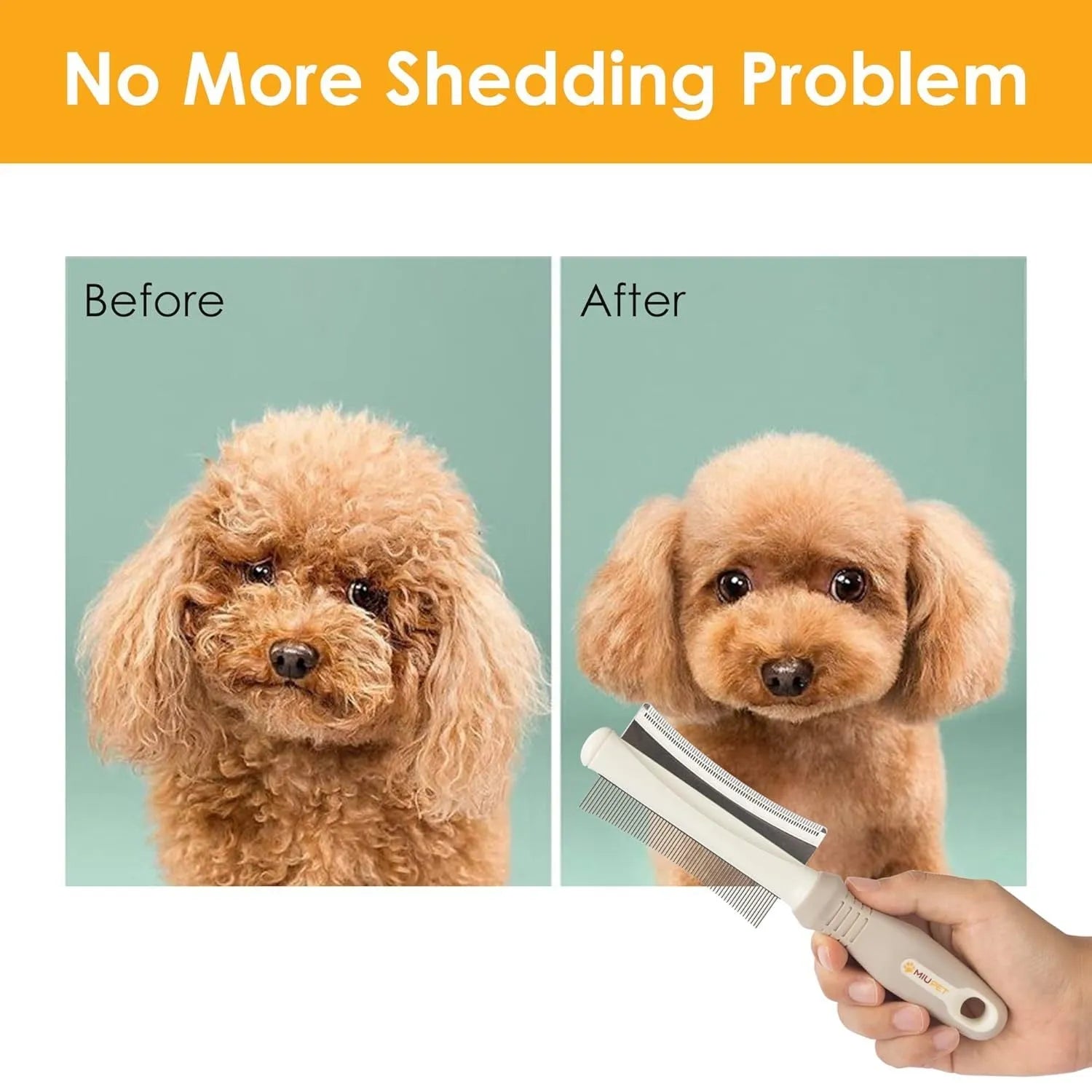 White double-sided dog and cat brush showing grooming comb and deshedding brush sides on a 230mm handle.