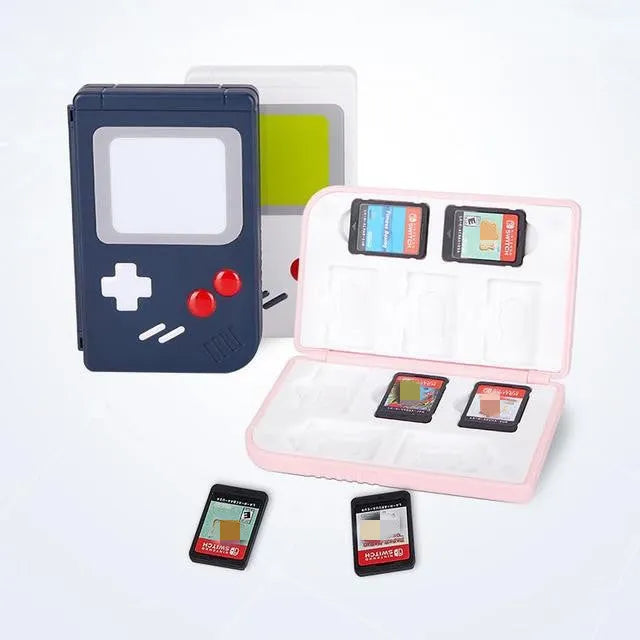 Compact Nintendo Switch game card storage box in blue colour showing game cartridge storage