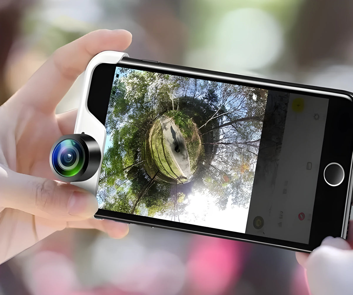 360 panoramic camera lens attached to Apple iPhone for instant panoramic photography
