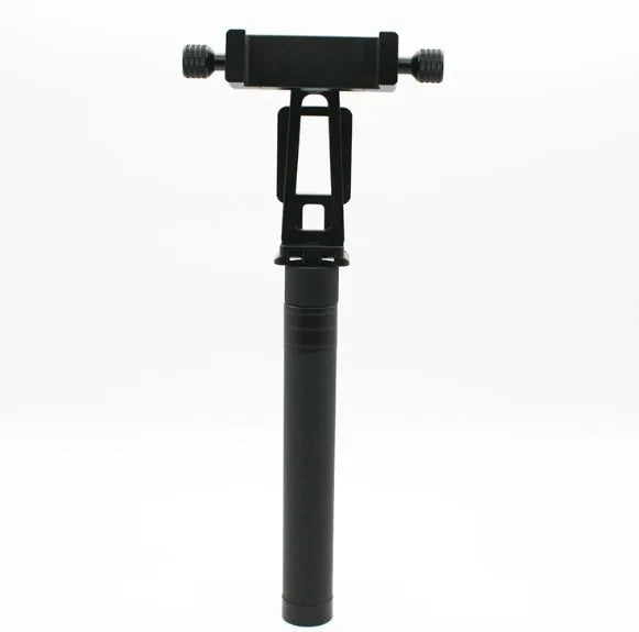 Black retractable selfie stick with integrated stabilizer, shown extended and collapsed