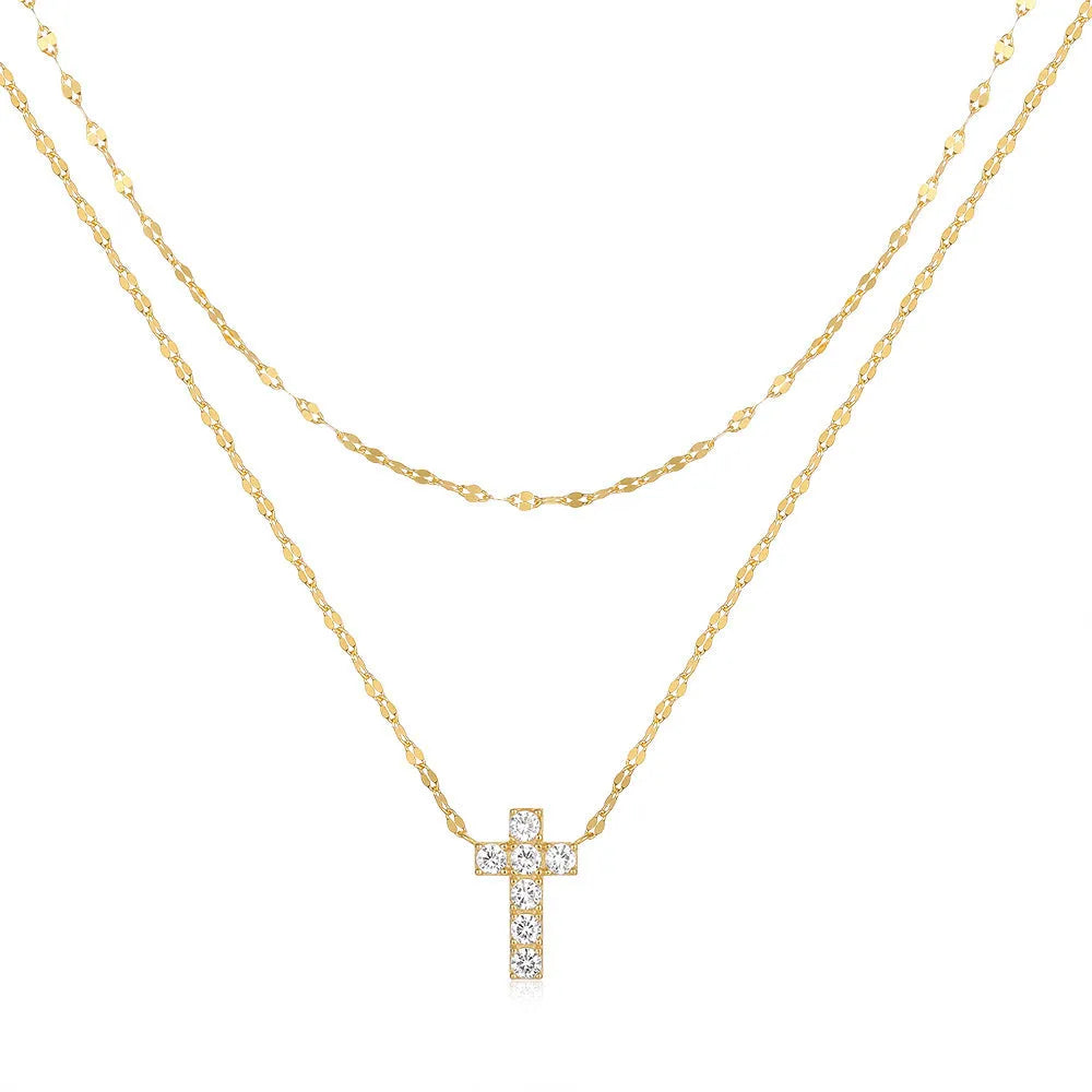 S925 sterling silver double layer twin diamond cross pendant necklace on a clavicle chain.