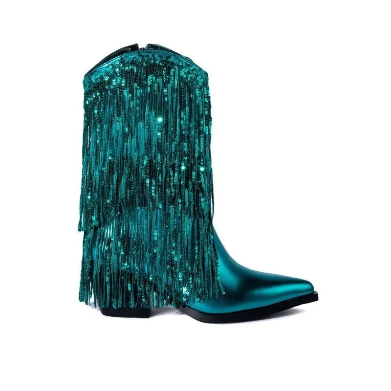Women's black chunky heel tassel ankle boots with pointed toe on a plain background.