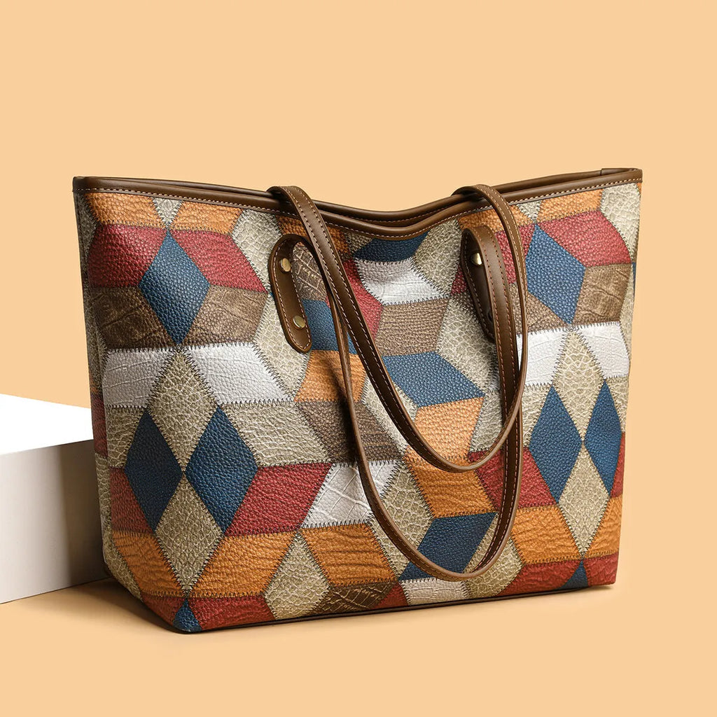 Women's blue brown PVC shoulder bag with sandwich pocket design showing interior organisation