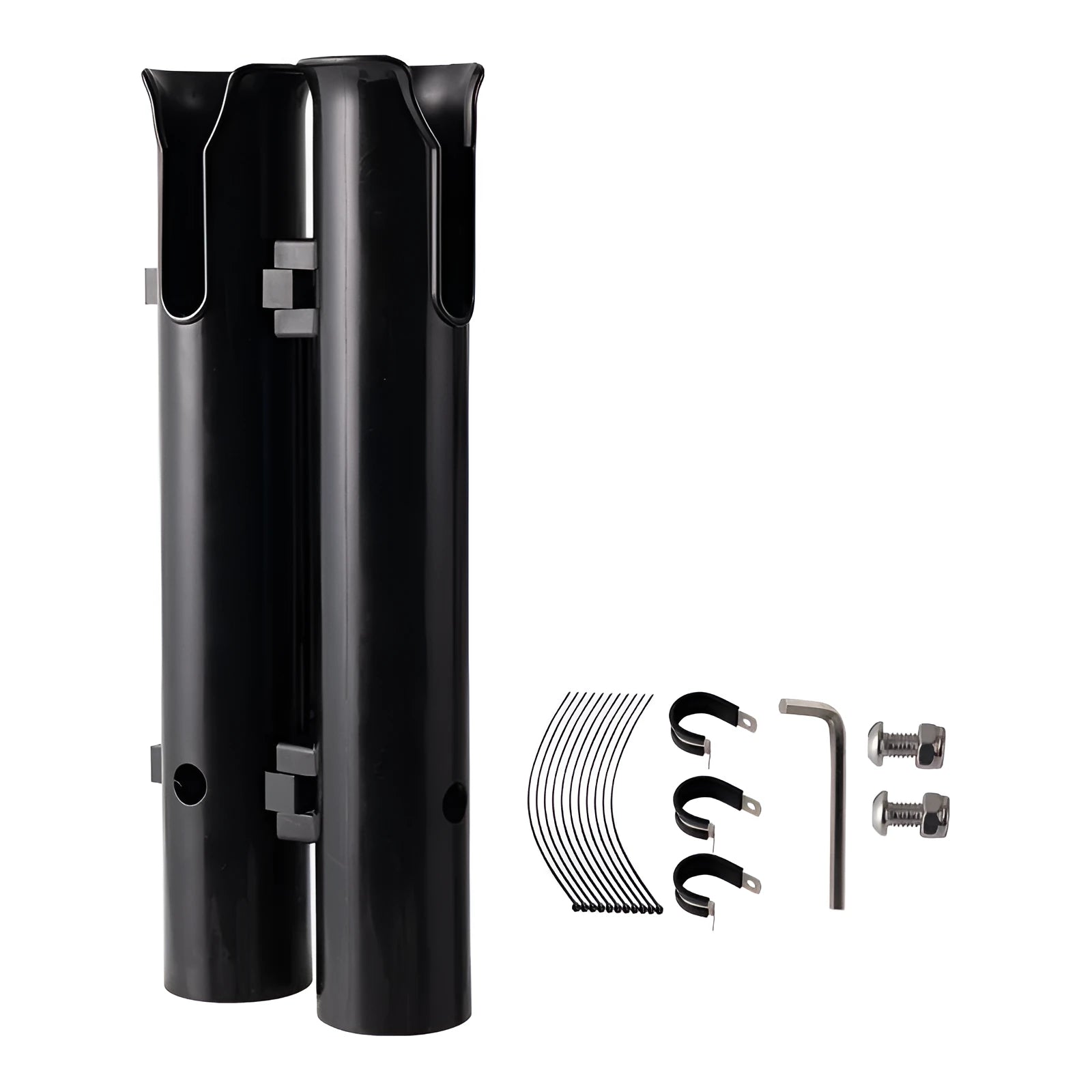 Plastic fishing rod rack with carbon reinforcement and clamp for bicycle mounting