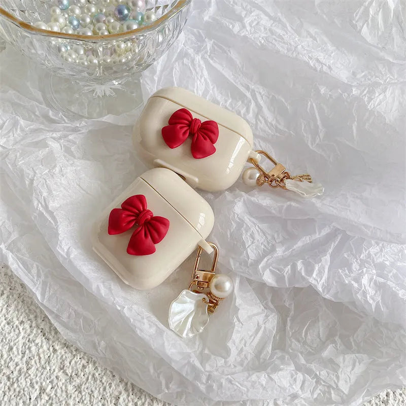 Beige red bow shell TPU clamshell case for Apple AirPods Pro wireless earphones