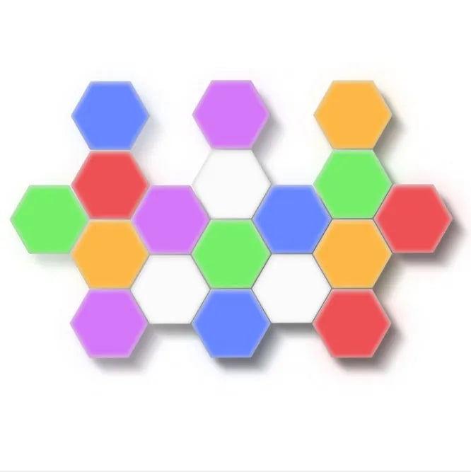 Assembled honeycomb pattern wall lamp with hexagonal white ABS shades and touch control.