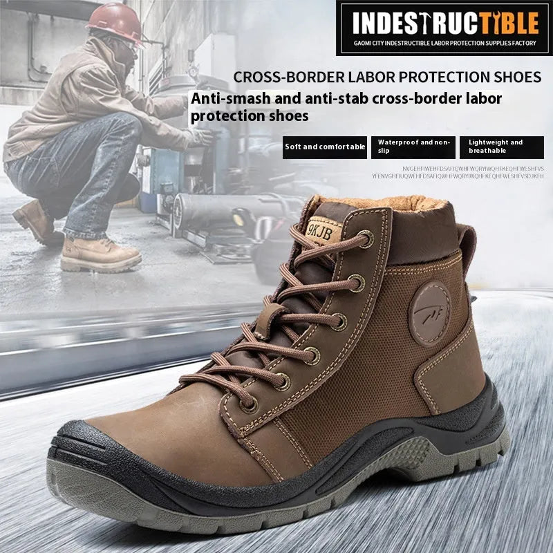 Lightweight labor protection safety shoes with leather upper and rubber sole in orange gray green yellow colors sizes 36-46