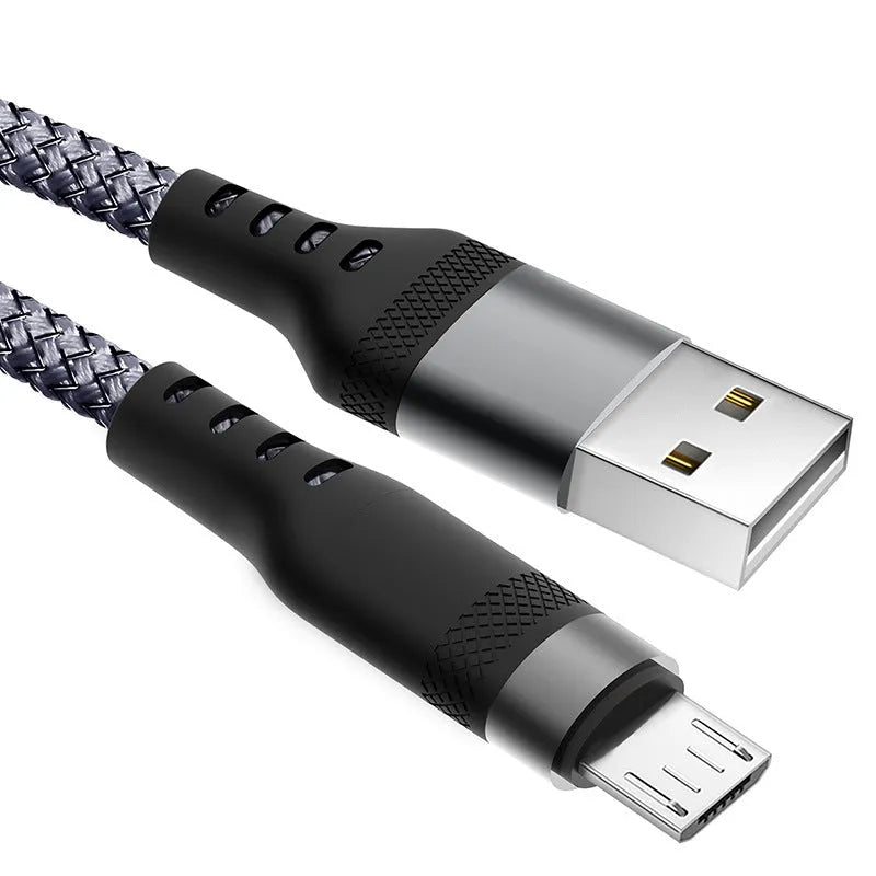 Lengthened woven charging cable with Type-C, Lightning, or Micro USB connector in silver gray or red