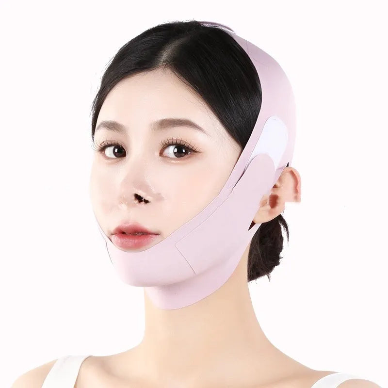 Small V face shaping mask in light breathable fabric, shown in purple and green colours.
