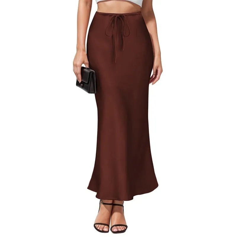 Asymmetric satin skirt with high waist and irregular stitching detail in six colour options